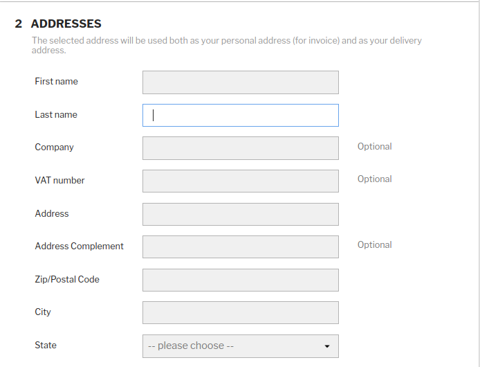 Address format. Address form. Form field. Address complement. Address Registration.