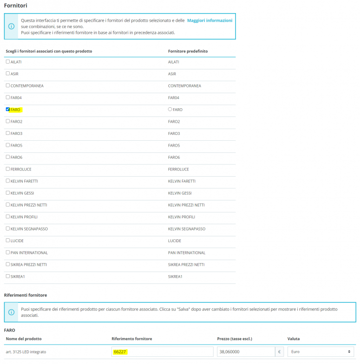 Screenshot of the Suppliers section for the ordered product.