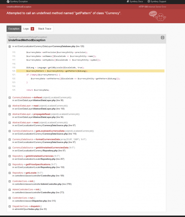 1531929725_Screenshot_2021-02-23AttemptedtocallanundefinedmethodnamedgetPatternofclassCurrency(500InternalServerError).thumb.png.45babca6242f28df461b3b1d72219ed6.png