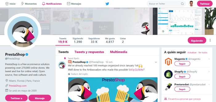 Perfil de twitter PrestaShop