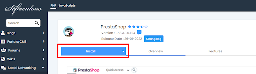 Softaculous PrestaShop - Click on Install